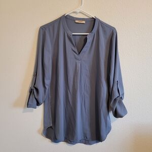 Elegant Slate Blue V-Neck Blouse #355